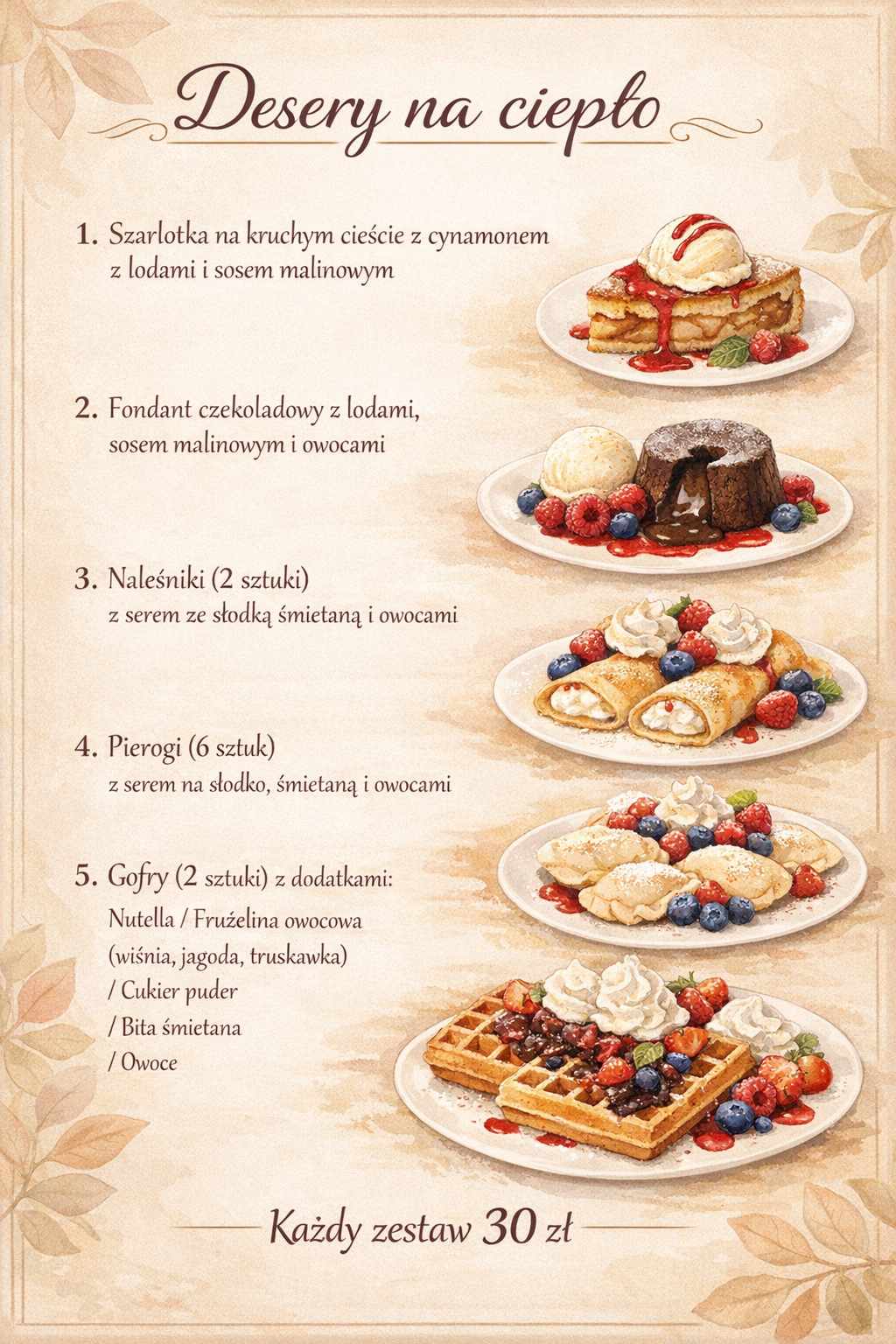 Plakat menu — desery na ciepło w kawiarni Kawałek